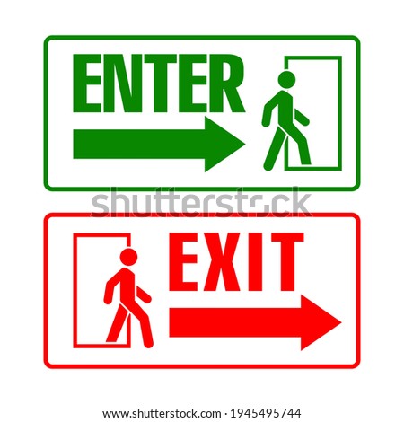 Entry and exit signs with a man silhouette. Vector pictograms