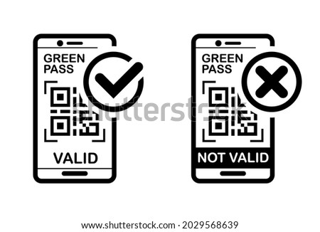 Digital Green pass icons Valid and Invalid . Access to free movement during the coronavirus pandemic. Line art vector on transparent background.