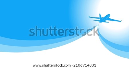 Blue sky with airplane taking off. Banner or flyer for travel and vacation design. Vector illustration.