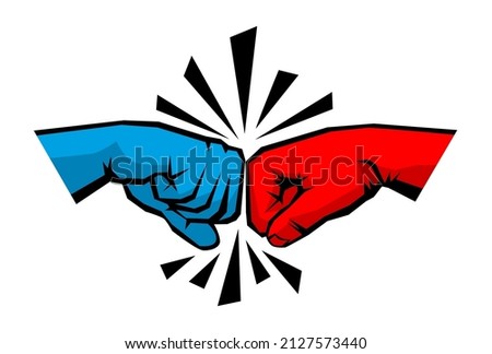 Greeting of two clenched fists of male hands. Comic cartoon poster in retro style. Vector on transparent background