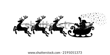 Santa Claus silhouette scatter the stars in sleigh full of gifts with reindeers . Merry christmas and Happy new year decoration. Vector on transparent background