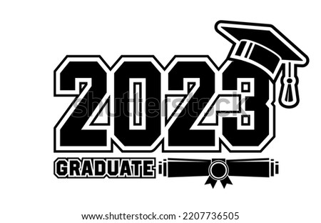2023 class graduate - mission complete. The concept of decorate congratulation for school graduates. Design for t-shirt, flyer, invitation, greeting card. Illustration, vector