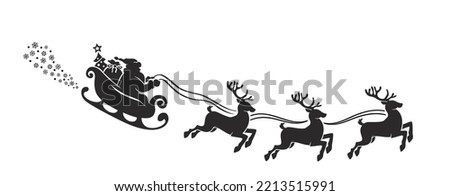 Silhouette of Santa Claus riding in a sleigh with reindeer. Vector on transparent background
