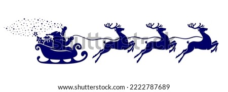 Silhouette of Santa Claus riding in a sleigh with a Christmas tree and gifts pulled by reindeer. Vector on transparent background