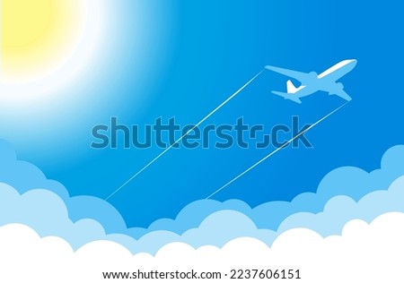 White plane in blue sky flies above clouds near hot sun. Vector background template for webpage header 