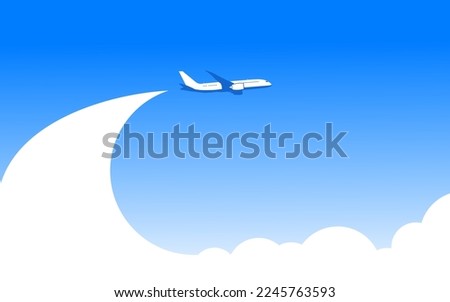 Blue sky with clouds and a plane taking off. Vector background template for header website travel company