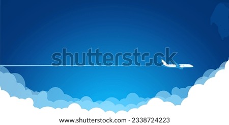 White plane in the blue sky flying above the clouds. Vector background template for web page header