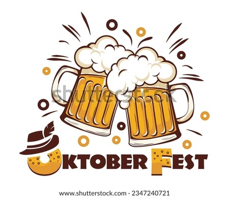 Oktoberfest beer festival logo. Beer mugs, bubbles, traditional hat, lettering. Vector on transparent background