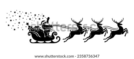 Santa Claus silhouette in sleigh with reindeers full of gifts and  christmas tree. Merry christmas and Happy new year decoration. Vector on transparent background