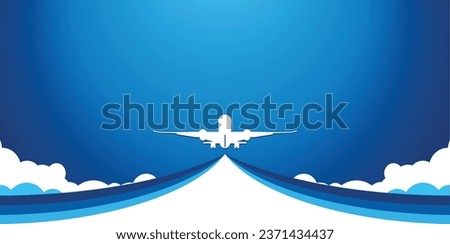 White plane in the blue sky rises flying above the clouds. Vector background template