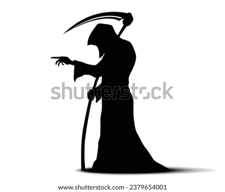 Grim Reaper of Death with scythe on shoulders points to victim. Vector icon on transparent background