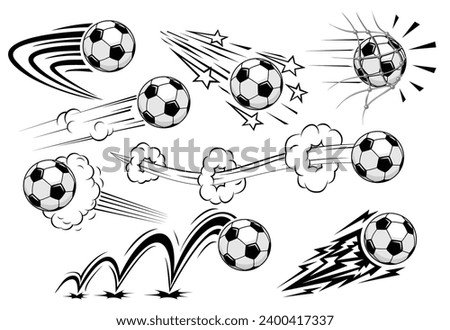 Soccers football balls fly at high speed. Vector on transparent background in comic style 