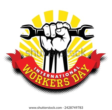 Happy labour day card with red fist with wrench on sunrise. Vector template for poster, greeting card on transpatent background