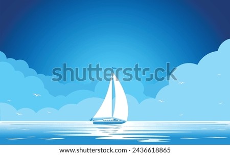 Sailing yacht on the sea waves. Modern sailboat, blue sea and sky with clouds. Vector background header template 