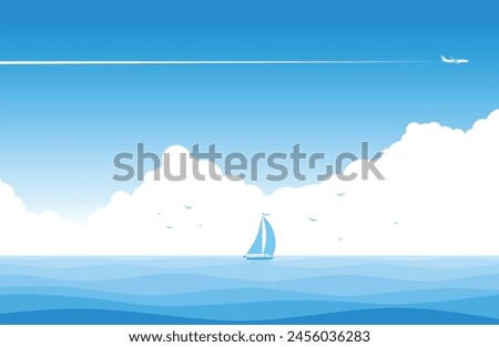 Blue sky with clouds, plane and sailing yacht silhouette over blue sea  on horizon. Copy space for you text. Vector template background for advertising flyer or web header