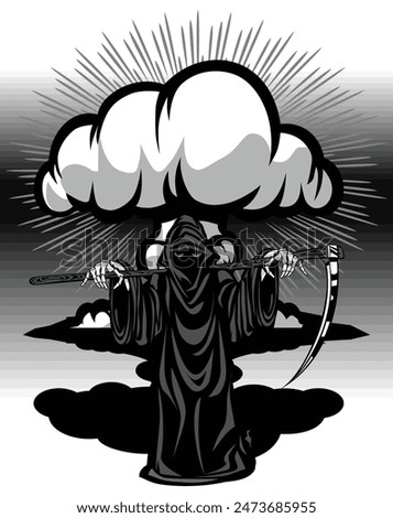 Death Grim Reaper with nuclear explosion mushroom cloud. Vector in cartoon black and white style 