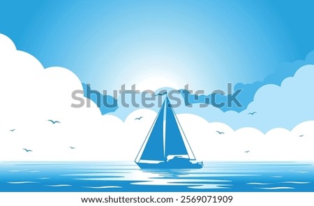 Yacht silhouette on blue sea and sky with clouds background. Vector template for travel advertisement