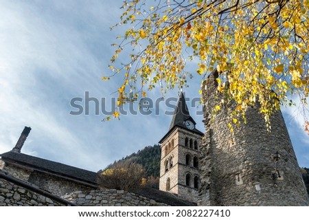 View of the tower of the old medieval church in the town of Arties, in the Aran Valley, Spanish Pyrenees Zdjęcia stock © 