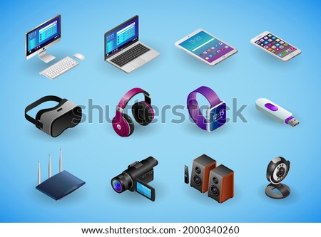 Realistic gadgets, digital devices, pc 3d icons in isometry isolated on blue background. Big vector set of isomectric devices: camera, webcam, smartphone, laptop, smartwatch, virtual reality glasses