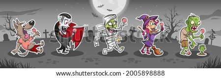 Halloween cartoon monsters stickers set. Funny drawings of happy werewolf, vampire Dracula, mummy, witch and zombie holding lollipops in hands. Scary night background with moon, bats, trees, tombstone Foto stock © 