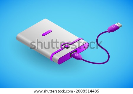 Realistic external hard drive in isometry. Vector isometric illustration of electronic device, external hard disk with USB cable. Electronic gadget, external HDD, external drive