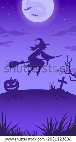 Halloween illustration. Flying witch, big glowing moon and night spooky landscape. Stories template. Vector spooky illustration with witch, pumpkin lantern and full moon. Halloween background, poster
