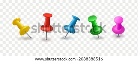 Pushpins sticking out of the paper. Vector collection. Realistic illustrations of pushpins with different colored caps and shadows isolated on checkered background. Decorations for photo collage.
