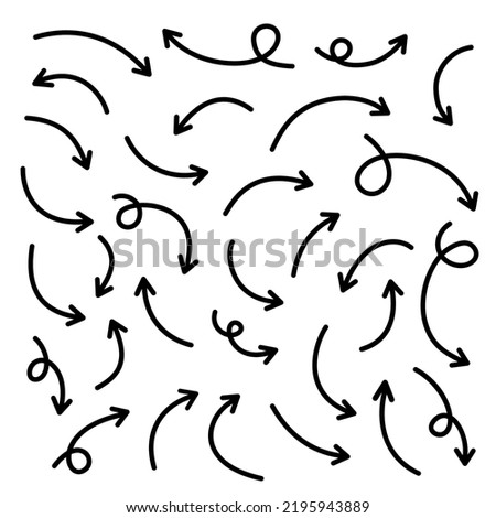 Thin curved sketch arrows collection. Vector hand drawn arrows with curls, pointing different directions