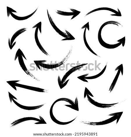 Ink curved arrows collection. Vector hand drawn and sketch arrows with curls, pointing different directions