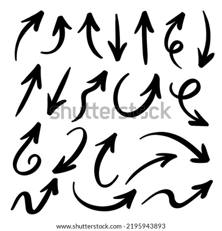 Hand drawn curved arrows collection. Vector sketch and doodle arrows with curls, pointing different directions