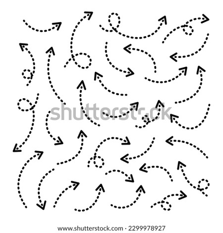 Thin curved dotted arrows collection. Vector hand drawn arrows with curls, pointing different directions