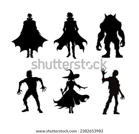 Halloween monster silhouettes isolated on white background. Witch, zombie, Dracula, vampire and werewolf. Cartoon characters illustrations stickers