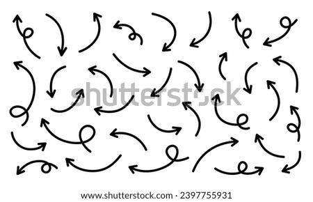 Thin curved arrows collection. Sketch arrows. Vector hand drawn arrows with curls, pointing different directions.