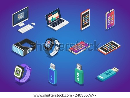 Digital devices and gadgets isometric icons. Vector isometric illustrations set. Electronic devices in isometry. Desktop PC, laptop, smartphone, smartwatch, tablet, virtual reality glasses, USB flash.