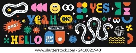 Naive playful abstract shapes stickers big pack. Groovy typography in trendy retro 90s cartoon style. Vector illustrations with wavy geometric elements and cute circle, oval, rectangle arch eyes.