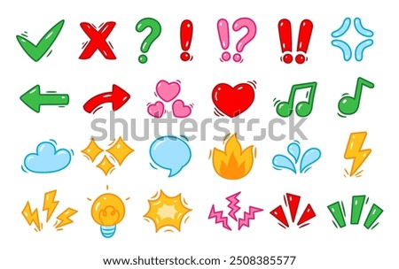 Doodle icons and signs set. Cartoon hand drawn graphic elements. Directional arrows, sparkles, hearts, weather icons and punctuation marks. Vector stickers collection in comic style