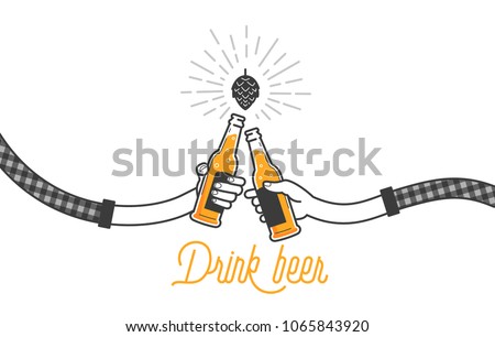 Two hands holding two beer bottles. Clinking glasses in plaid shirt. Party celebration in a pub. Isolated vector illustration of two drunk person drinking beer on white background. Cheers mate.