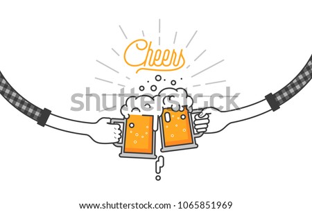 Flat isolated vector illustration of drinking beers, cheers, clinking glasses, party. Two friend are drinking beers in plaid shirts. Party celebration in a pub on white background. Cheers mate.