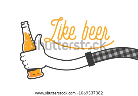 Like beer vector illustration and typography design. Hand holding a glass of beer in plaid shirt. Facebook like with beer bottle, social media. Drink beer in a pub on summer days. Clean flat design