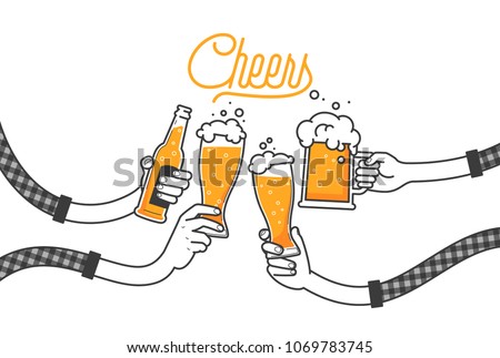 Four hands holding four beer bottles. Clinking glasses in plaid shirt. Party celebration in a pub. Isolated vector illustration of four drunk person drinking beer on white background. Cheers mate.