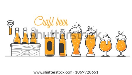 Beer glass, bottle and can types. Craft beer calligraphy design and minimal flat vector illustration of different type of beers. Six pack in a wood box. Oktoberfest equipment. Restaurant illustration
