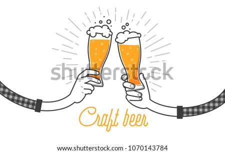 Drink craft beer with a friend, clink glasses. Two hands holding two glasses of beers in plaid shirt. Vector illustration, isolated on white background. Menu or restaurant illustration design