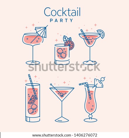 Cocktail glasses minimal vector thin line illustration. Six refreshing cocktails with ice cubes and lemons. Party in the club. Created for menu designs. Set of alcoholic drinks like Mojito or Martini ストックフォト © 