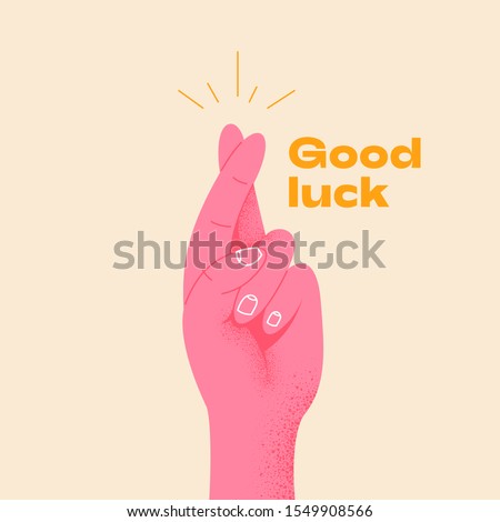 Pink hand crossing fingers and wishing for good luck. Fingers crossed, hand gesture. Lucky sign. Promise signal with two fingers. Flat design style. Vector illustration hand wishing something.
