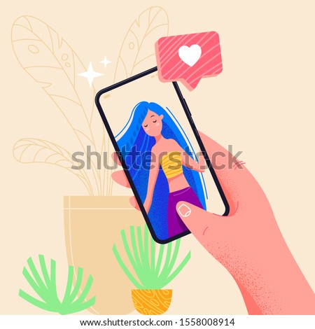 Hand holding phone with girlfriend on screen. Video call app. Finger touch screen flat vector illustration design for web site or banner. Make selfie with smartphone. Online dating chat or take photo.