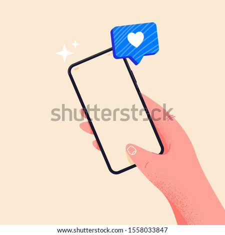 Holding phone in hand. Empty screen, phone mockup. Editable smartphone template vector illustration on isolated background. Receive a blue heart. Application on touch screen device. E-learning concept