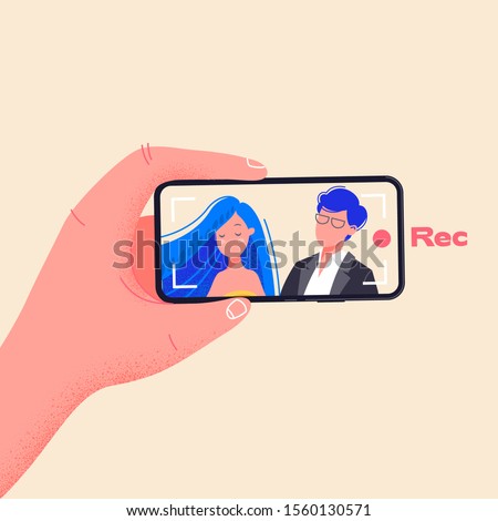 Man hold phone horizontally and record video. Make video by pressing red record button. Young couple on smartphone screen vector illustration. Flat design drawing about phone addiction.