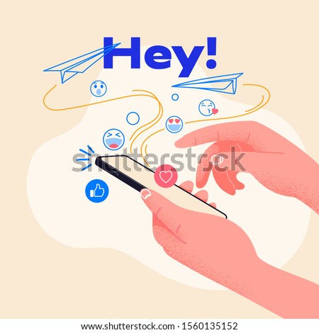 Man hold smartphone and type new message. Send emojis to friends. Vector illustration, ideal for websites and startups. Social media addiction, collect likes and feedbacks.