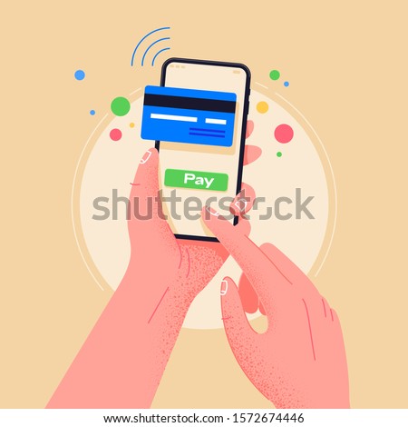 Pay by credit card via electronic wallet wirelessly on phone. New mobile banking app and e-payment vector illustration. Hand with smartphone  online banking. Shopping by phone and connected card.