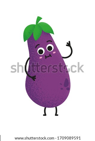 Cute eggplant character vector illustration. Flat eggplant cartoon character waving. Minimal purple eggplant fruit design for children books.